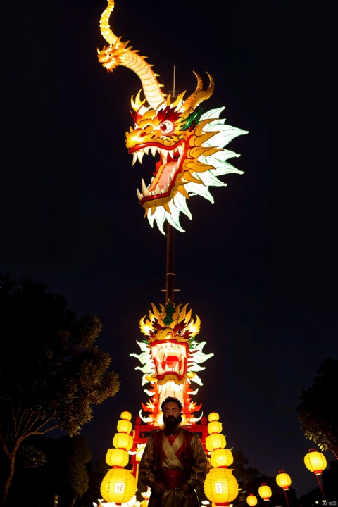  absurdres,absurdres,realistic,(full_shot:1.8), solo, , dragon lantern dance,Positive perspective,dragon lantern,dragone head,eyes,(look at viewers),cute, beard, wind,high quality, masterpiece, night, RAW photos,cover art,wallpaper, Rich Details,festive lantern,