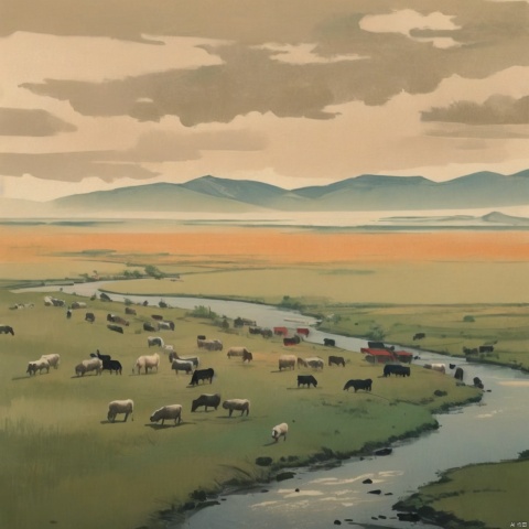 (Green grassland:1.2),wdw kehuanfeng,Light,AARG_aerial-000018,bj_Fault art, Ink and wash style_WDW_SMF, wdw_claborate-style painting