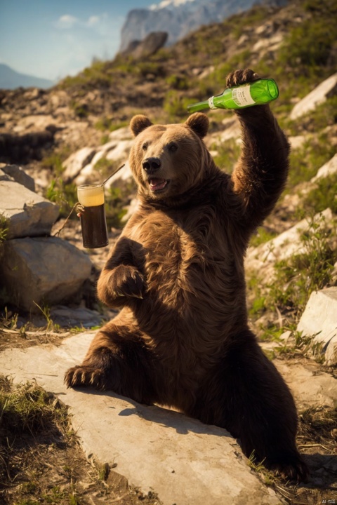  Bestquality,8k,(((masterpiece))),((bestquality)), Brown bear, Kung fu moves, With the beer bottle , beer