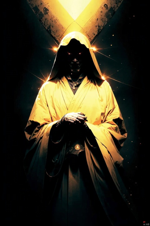 solo, gloves, long sleeves, 1boy, jewelry, standing, male focus, cowboy shot, black gloves, hood, mask, halo, helmet, own hands together, black background, veil, facing viewer, hood up, robe, gold,absurdres,realistic,(full_shot:1.8), solo, ferocious_Ghost, , Giant God Fear