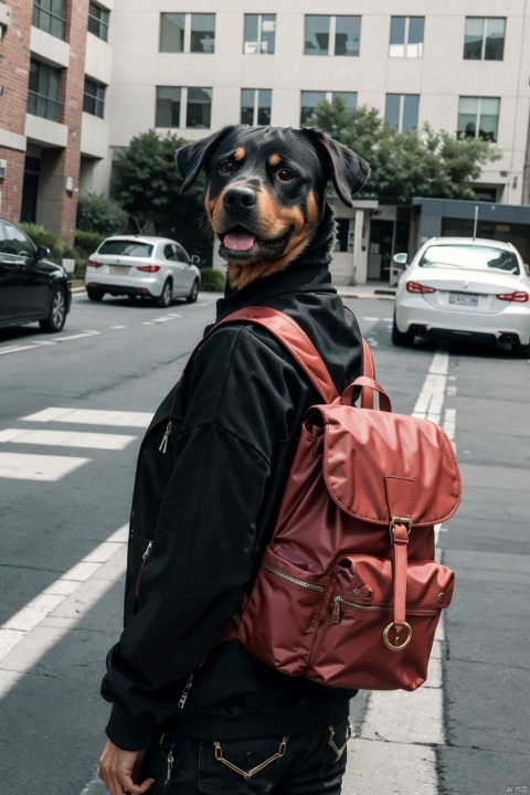  absurdres,absurdres,realistic,full_shot,Dog,(1girl:1.6),backpack, Dog_Rottweiler