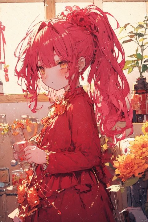 Line art, surrounding flowers, Line art sticks, Bokeh effects, Points of light, original, (a very delicate and beautiful one), (Loli :1.2), (Petite :1.2), pink hair, yellow eyes, high ponytail, hair flower, hair flip, frown, smile, ,red dress,Bestquality,8k,(((masterpiece))),((bestquality)), , 8090ndxnzb_Chinese dress
