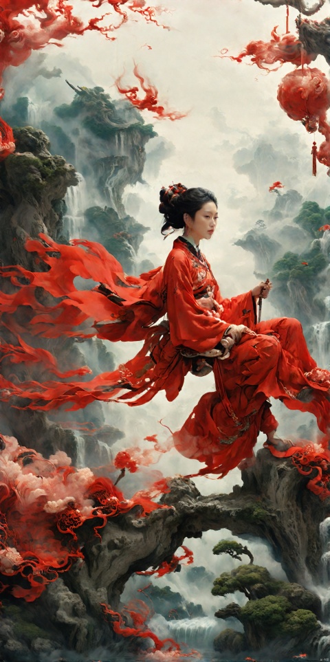  ((((Dream Background)))).
Floating in the air, forests, palaces,jianjue,wanjianguizong,16k,masterpiece,textured skin,multiple swords,embellished costume,Award winning photos, extremely detailed, stunning, intricate details, absurd, highly detailed woman, extremely detailed eyes and face, dazzling red eyes, detailed clothing,ultra long sleeves,dingxianghua,QMSJ,candy-coated,in the style of saturated pigment, Dragon pattern