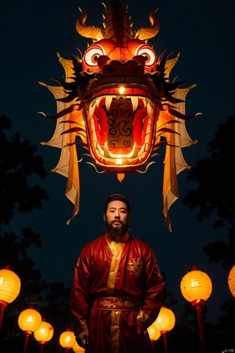  absurdres,absurdres,realistic,(full_shot:1.8), solo, , dragon lantern dance,Positive perspective,dragon lantern,dragone head,eyes,(look at viewers),cute, beard, wind,high quality, masterpiece, night, RAW photos,cover art,wallpaper, Rich Details,festive lantern,
