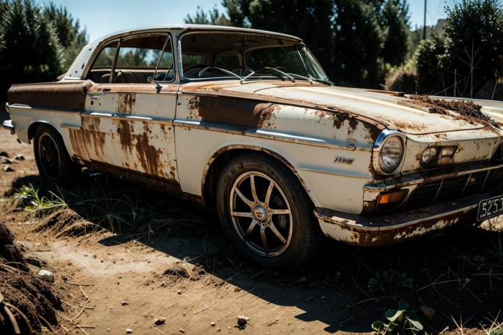  car,light,[motor vehicle],[ground vehicle], sports car, , vehicle focus, ((around the world)),Random front direction, cinematic feel,outdoor track,field,,Properly structured, vehicle_sqc, rusted, Rusty vehicles