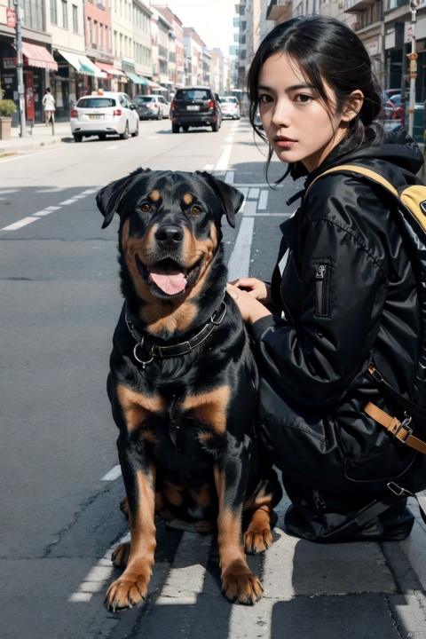  absurdres,absurdres,realistic,full_shot,Dog,(1girl:1.6),backpack, Dog_Rottweiler