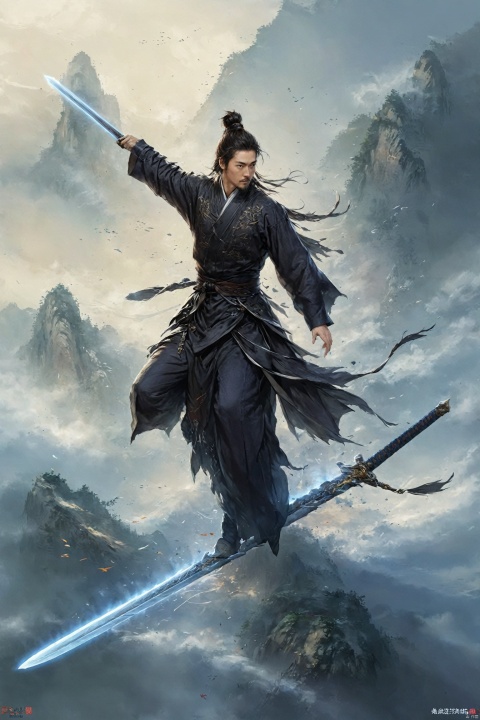  absurdres,incredibly absurdres,reality,realistic,full_shot, yujianshu_Standing on the flying sword_sword, ananmo, Swordsman