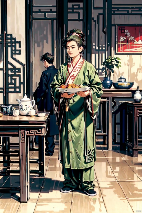  absurdres,incredibly absurdres,reality,realistic,,(solo:1.2),(1boy:1.2),full_shot, Ancient costume_dxer,Wooden table, wooden chairs, lobby, plates, food,Chinese style,Standing, holding, Ancient China_Indoor scenes,