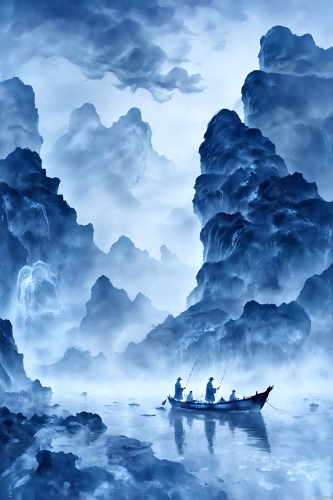  Bestquality,8k,masterpiece,bestquality,,solo,, Ink and wash style_WDW_SMF, Old fisherman , Fluorescent sea ,The sea dry hundred Zhangs of ice, melancholy cloud bleak miles of condensation,iceberg, Giant iceberg, Dark clouds, Ancient China_Indoor scenes