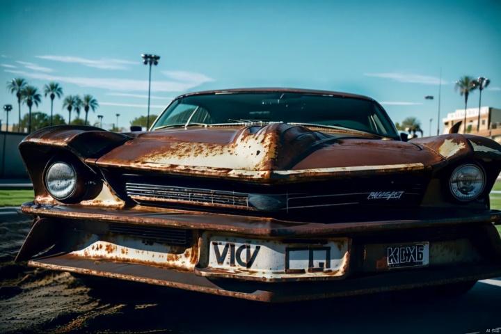  car,light,[motor vehicle],[ground vehicle], sports car, , vehicle focus, ((around the world)),Random front direction, cinematic feel,outdoor track,field,,Properly structured, vehicle_sqc, rusted, Rusty vehicles