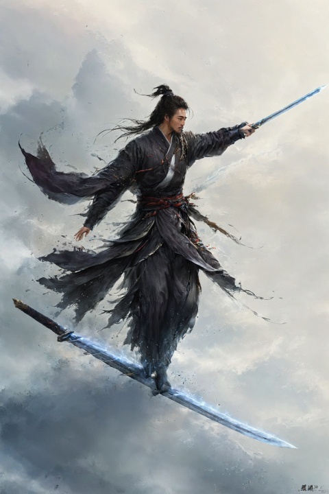  absurdres,incredibly absurdres,reality,realistic,full_shot, yujianshu_Standing on the flying sword_sword, ananmo, Swordsman