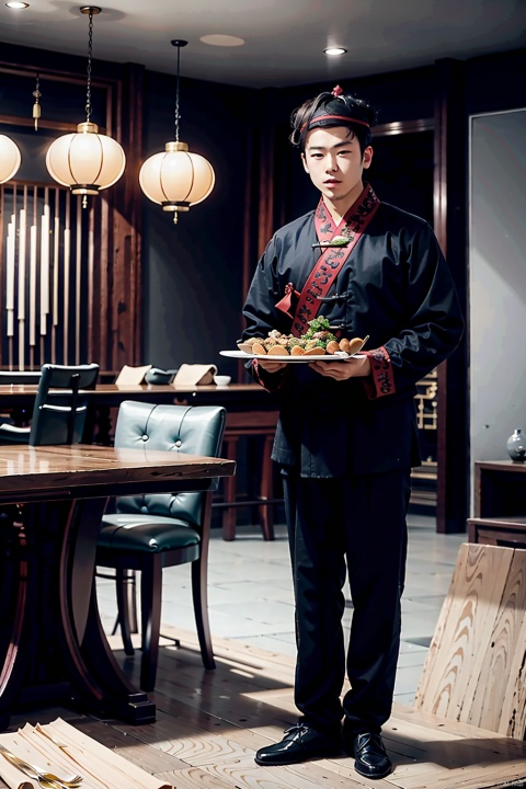 absurdres,incredibly absurdres,reality,realistic,,(solo:1.2),(1boy:1.2),full_shot, Ancient costume_dxer,Wooden table, wooden chairs, lobby, plates, food,Chinese style,Standing, holding
