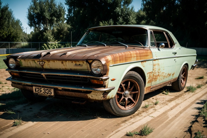  car,light,[motor vehicle],[ground vehicle], sports car, , vehicle focus, ((around the world)),Random front direction, cinematic feel,outdoor track,field,,Properly structured, vehicle_sqc, rusted, Rusty vehicles