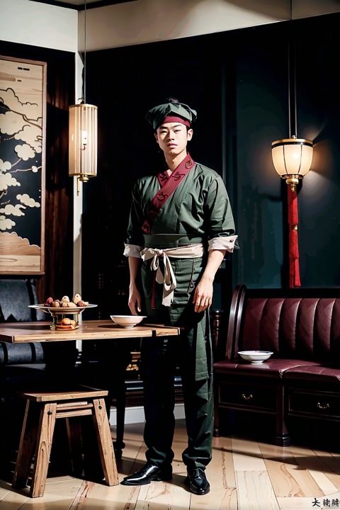  absurdres,incredibly absurdres,reality,realistic,,(solo:1.2),(1boy:1.2),full_shot, Ancient costume_dxer,Wooden table, wooden chairs, lobby, plates, food,Chinese style,Standing, holding