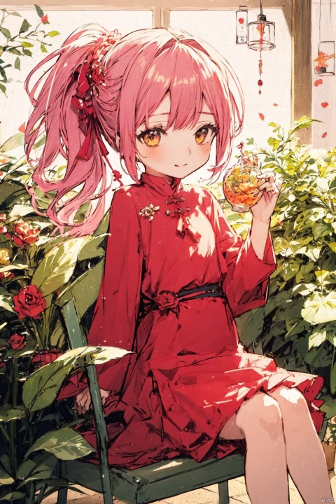 Line art, surrounding flowers, Line art sticks, Bokeh effects, Points of light, original, (a very delicate and beautiful one), (Loli :1.2), (Petite :1.2), pink hair, yellow eyes, high ponytail, hair flower, hair flip, frown, smile, ,red dress,Bestquality,8k,(((masterpiece))),((bestquality)), , 8090ndxnzb_Chinese dress
