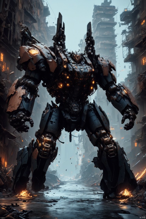  absurdres,incredibly absurdres,absurdres,,Tyrant mecha,Cinematic Lighting,metallic luster,street,cityscape, rusted