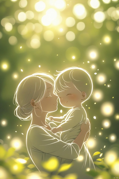  A mother holding a baby, warm and beautiful, with a fan background, simple strokes of petals fluttering, close-up