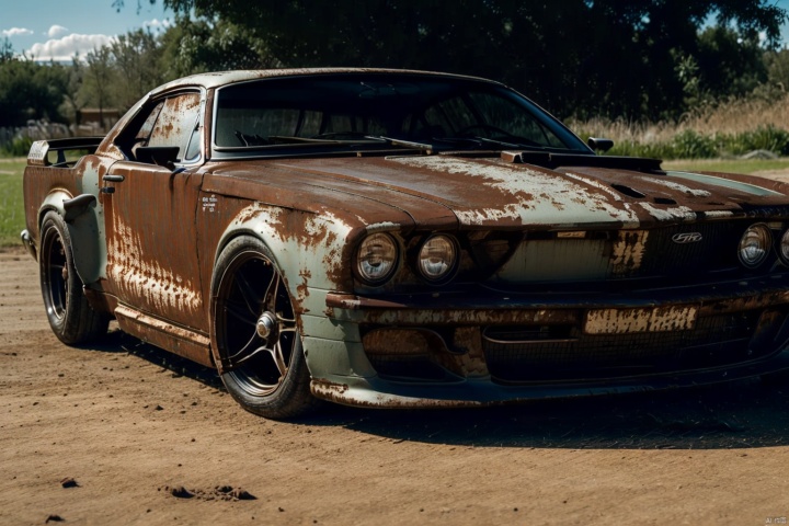  car,light,[motor vehicle],[ground vehicle], sports car, , vehicle focus, ((around the world)),Random front direction, cinematic feel,outdoor track,field,,Properly structured, vehicle_sqc, rusted, Rusty vehicles