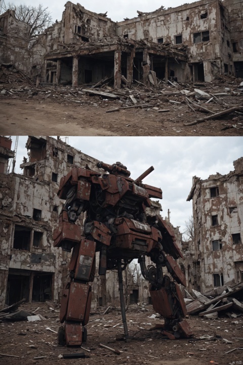  absurdres,incredibly absurdres,reality,realistic,Postwar ruins,wdw kehuanfeng, Tyrant mecha, vehicle_sqc, rusted