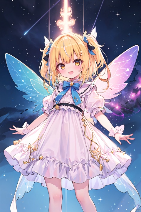 Sun fairy, 1girl, (solo), petite, delicate dress, happy, rainbow wings, yellow eyes glowing, sparkle, 
best quality, highres, (background starry sky, nebula, space, star \\\\(sky\\\\))