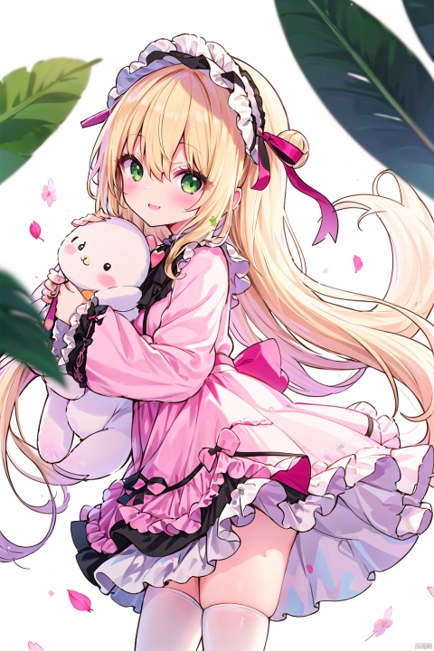 1girl, long hair, green eyes, lolita fashion, curly hair, pink dress, stuffed toy, solo, layered dress, blonde hair, stuffed bunny, petals, looking at viewer, hair between eyes, wide sleeves, heart, frills, bangs, white thighhighs, white background, flower, depth of field, smile, depth of filed, from side