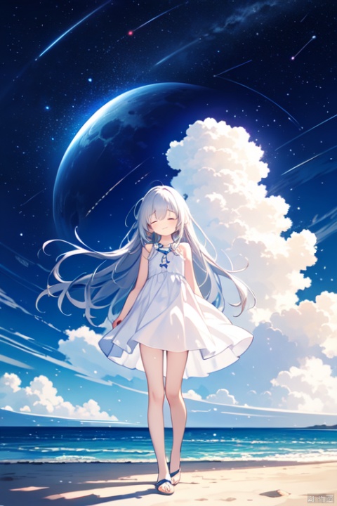  1girl, artist_name, bangs, bare_arms, bare_shoulders, closed_eyes, cloud, cloudy_sky, dress, full_body, long_hair, moon, night_sky, sky, sleeveless, solo, star_\(sky\), starry_sky, very_long_hair