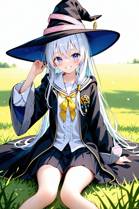  (masterpiece),(best quality),illustration,ultra detailed,hdr,Depth of field,(colorful),nai3 Style, 1girl, elaina (majo no tabitabi), solo, hat, witch hat, long hair, skirt, black headwear, smile, white hair, sailor collar, shirt, pleated skirt, blue eyes, long sleeves, hair between eyes, hand on headwear, sitting, white shirt, looking at viewer, bow, blush, robe, black robe, black skirt, open robe, white background, white sailor collar, purple eyes, grin, yellow bow, school uniform, bowtie, open clothes, grass, black coat