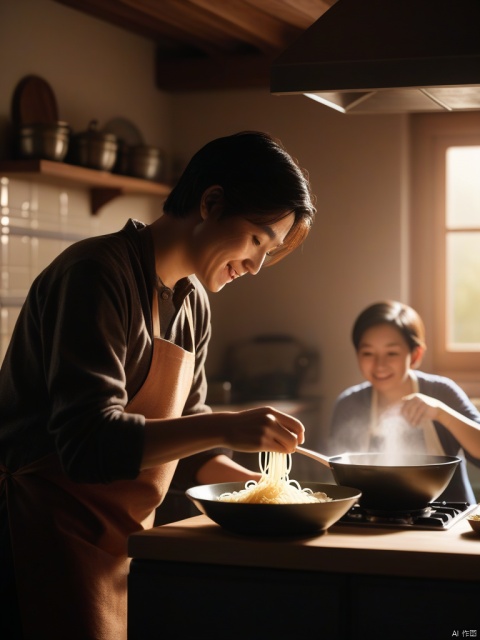 A young man happily cooking in the kitchen, on the other side of the kitchen sits a middle-aged woman with a bowl of noodle soup in front of her, the young man is busy cooking, the middle-aged woman is eating noodles and happily watching the boy's back cooking, drama, backlight, soft contrast, movie, ultra-detailed, texture, fog, vignette, black and brown, grain, water reflection, depth of field, bokeh, 85mm 1.4, rain, sunset, (facecam: 1.1), ray tracing, shadow, super sharp, metallic, ((cool)), Epic CG Masterpiece, (3D Rendering), Facecam, Ultra High Resolution, (Masterpiece) , (Best Quality), (Super Detail), (Very Detailed & Beautiful), Cinematic Light, Detailed Environment, (Realistic), (Ultra Realistic Detail: 1.5),
