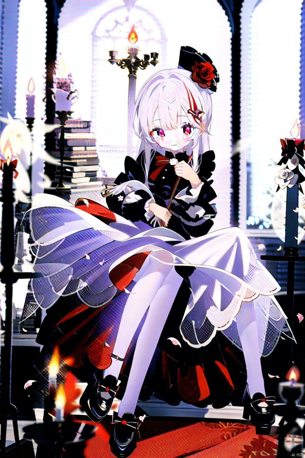  1girl, solo, long hair, looking at viewer, bangs, hair ornament, red eyes, long sleeves, dress, bow, holding, sitting, purple eyes, flower, white hair, pantyhose, frills, parted lips, puffy sleeves, indoors, hair flower, black footwear, blurry, black dress, petals, depth of field, rose, fire, white flower, red flower, white pantyhose, lolita fashion, red rose, blurry foreground, gothic lolita, candle, candlestand, evil ghost, backlight