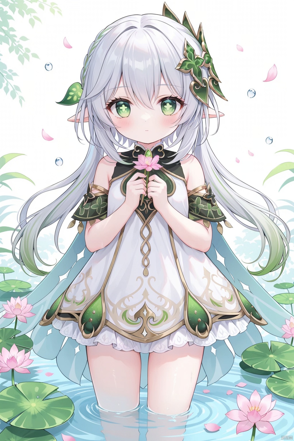  masterpiece,best quality,high quality,(colorful),[Artist onineko],[Artist chen bin],[Artist agwing86],[[Artist wlop]], 1girl, solo, petite, flower, white hair,green hair, dress, looking at viewer, holding, water, blue dress, pink flower, short sleeves, blush, shirt, holding flower, white shirt, closed mouth, petals, wading, lily pad, green eyes,symbol-shaped pupils, bangs, breasts,cross-shaped pupils, hair ornament, gradient hair, white dress, nahida (genshin impact), loli