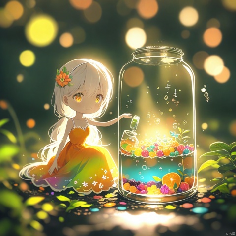  (masterpiece), (best quality), illustration, ultra detailed, hdr, Depth of field, (colorful), loli,(flowers background:1.45),(transparent background:1.3)(an extremely delicate and beautiful girl inside of glass jar:1.2), (glass jar:1.35),(solo:1.2), (full body), (beautiful detailed eyes, beautiful detailed face:1.3), (sitting ), (very long silky hair, float white hair:1.15), (medium_breasts, tally and skinny:1.2), (Colorful dress:1.3), (extremely detailed lace:0.3), (insanely detailed frills:0.3),(hairband , orange hair_ornament:1.25),orange cans,water surface,full body,(bottle filled with orange water,bottle filled with Fanta:1.25), (many fruits in jar, many Sliced_fruits in jar:1.25), (many bubbles:1.25),