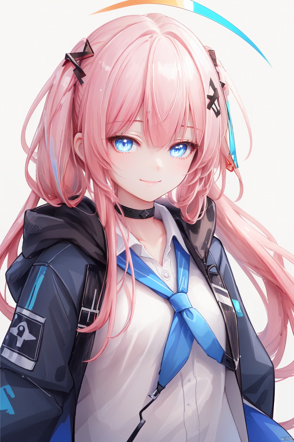 1girl, solo, long hair, looking at viewer, smile, bangs, blue eyes, shirt, white background, twintails, closed mouth, jacket, white shirt, upper body, pink hair, ahoge, choker, collared shirt, hood, low twintails, black choker, blue jacket, hooded jacket, hood up, zoom layer, elite ii \(arknights\), blue poison \(arknights\)