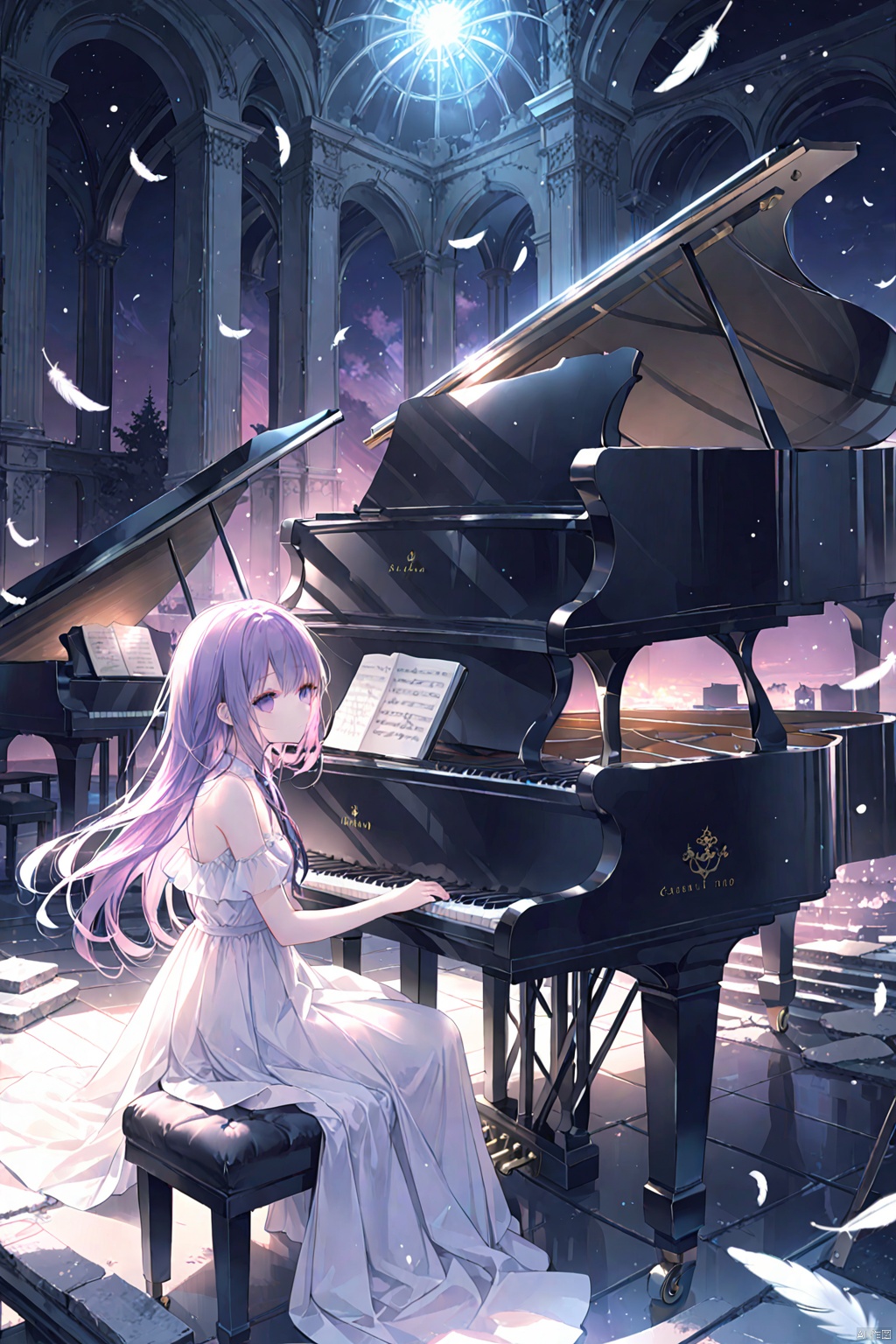  masterpiece,best quality,high quality,(colorful),[Artist onineko],[Artist chen bin],[Artist agwing86],Artist xukong, 1girl, solo, piano, instrument, purple hair, long hair, dress, sitting, bird, purple eyes, white dress, feathers, grand piano, scenery, ruins, matou sakura, music, playing instrument