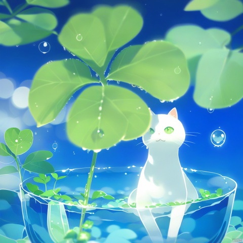 White cat,Green-eyed,Sitting,Four-leaf clovers,Green foliage,Clustered leaves,Dew Drops,Water droplets,Sparkling,Reflective,Fresh,
Sunny,Bright,Water-filled,Reflective glass,Shallow bowl,Blue Background,Deep blue,Vivid color,Contrasting with green,Clear day,Nature,Natural environment,Lush greenery,
Outdoors,Vibrant plant life,Freshness,Morning dew,Crisp air,Pure,Refreshing,Outdoor Setting,
Open space,Natural light,Tranquil,
Serene,Vibrant Colors,Bright green,Lively hues,Color contrast,Dynamic palette.