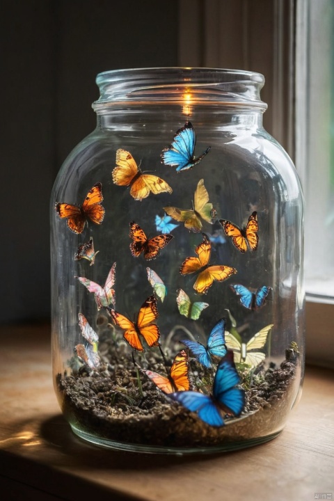  glowing poisonous butterflies jar, the quantum panderverse is a decaying reality where forced inclusion is a poison that assumes everything should be made colorful like a circus, because they assume everything is like them and should be like them. Since impressionism and expressionism, the corrupted idea of freedom is a concept that creates war, becoming the true apocalypse of modernity. Only a few dare to fight the tricky dementors who feed from other emotions like astral specters; these faceshift and disguise themselves as warriors, elves, fairies, animals, demons, angels, etc, stay away from internet is toxic, (masterpiece, best quality, perfect composition, very aesthetic, absurdres, ultra-detailed, intricate details, Professional, official art, Representative work:1.3)