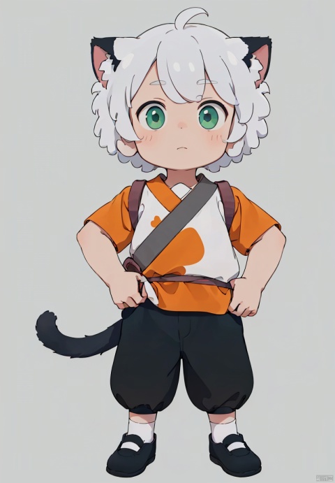 A boy,
solo, looking at vA boyiewer, short hair, simple background, shirt, 1boy, animal ears, green eyes, standing, tail, full body, white hair, short sleeves, male focus, shoes, pants, cat ears, black footwear, cat tail, black pants, child, orange background, cat boy, luoxiaohei