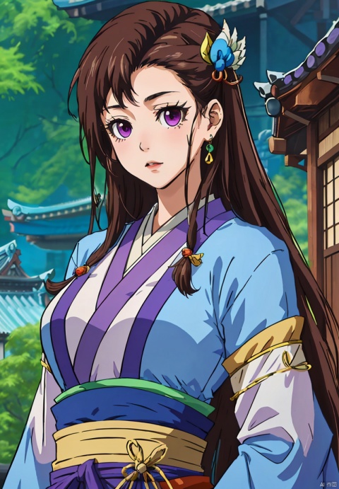 1girl, solo, A young girl,
large chest,large chest,ancient costume,
long hair, simple background, brown hair, hair ornament, purple eyes, upper body, japanese clothes, 1girl