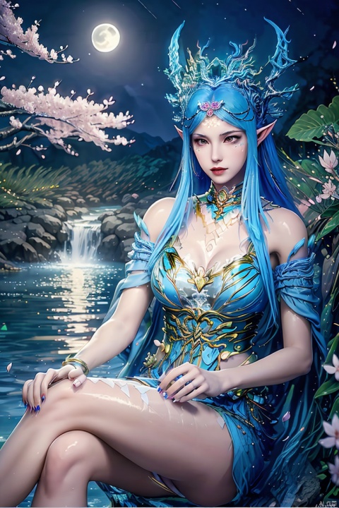  sitting, (crossed_legs), nude, nsfw, looking_at_viewer, (scenery, waterfall, (cherry_blossoms), (milfeulle_sakuraba), (petals, falling_petals), full_moon, moon, night, moonlight, night_sky, sky, petals, water, stone),1girl,solo blue_hair, long_hair, pointy_ears, hair_ornament, bangs, jewelry, earrings, bare_shoulders, cleavage, white_legwear,fingernails, nail_polish, makeup,photo_\(medium\),(8k, RAW photo, best_quality),(masterpiece:1.2),(realistic:1.2), (photorealistic:1.3),(ultra-detailed),(extremely_detailed_cg_8k_wallpaper),(crystal_texture_skin:1.3),(shiny:1.2),(shiny_skin:1.4),(extremely_delicate_and_beautiful),