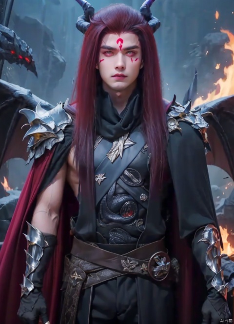 A boy with long red hair, demon horns, demon eyes, demon lord, long hair, looking at viewer, brown hair, 1boy, holding, weapon, male focus, horns, sword, cape,Double shoulder black feather arm guards,
There are flame shaped forehead marks on the forehead.