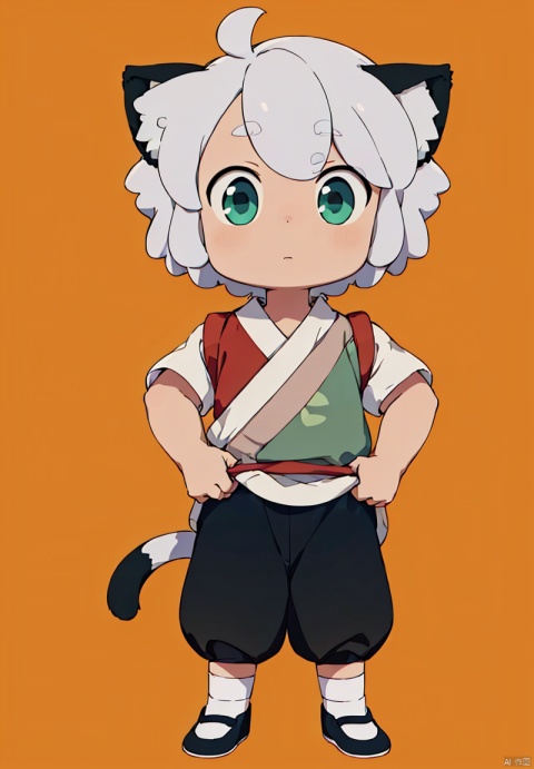 A boy,
solo, looking at vA boyiewer, short hair, simple background, shirt, 1boy, animal ears, green eyes, standing, tail, full body, white hair, short sleeves, male focus, shoes, pants, cat ears, black footwear, cat tail, black pants, child, orange background, cat boy, luoxiaohei