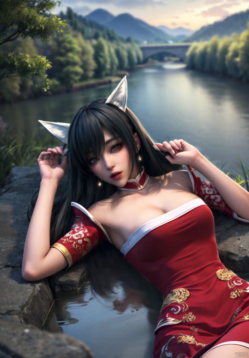8K, ultra high resolution, ultra high quality, masterpiece,Mountains, lakes1girl, detached sleeves, detached collar, long locks, strapless, sidelocks , houtufeng,, WZRYdajiJW,,
The fox has white ears,Lying in the water, lying on your back, from God's perspective, from a tall building's perspective,
 houtufeng, cityscape,  standing, dress,animal ears, hair ornament, makeup,Lying in the water, powder blusher, high-definition wallpaper 4k quality, lifelike portrait,, 1girl