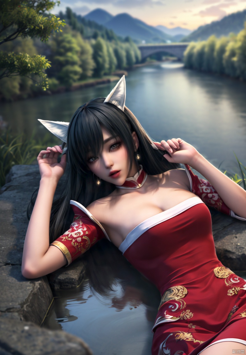 8K, ultra high resolution, ultra high quality, masterpiece,Mountains, lakes1girl, detached sleeves, detached collar, long locks, strapless, sidelocks , houtufeng,, WZRYdajiJW,,
The fox has white ears,Lying in the water, lying on your back, from God's perspective, from a tall building's perspective,
 houtufeng, cityscape,  standing, dress,animal ears, hair ornament, makeup,Lying in the water, powder blusher, high-definition wallpaper 4k quality, lifelike portrait,, 1girl