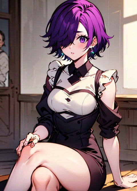 A girl with purple hair, purple eyes, short hair, hair covering one eye, one eye, earrings, maid attire, maid, sitting with legs crossed,