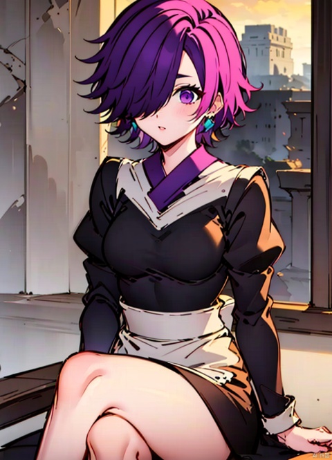 A girl with purple hair, purple eyes, short hair, hair covering one eye, one eye, earrings, maid attire, maid, sitting with legs crossed,