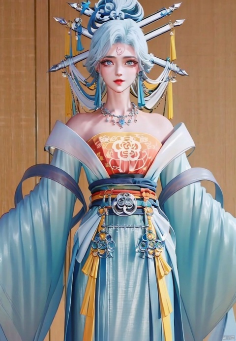 1girl, solo, looking at viewer, blue eyes, hair ornament, long sleeves, dress, bare shoulders, jewelry, white hair, necklace, facial mark, chinese clothes, forehead mark, hanfu