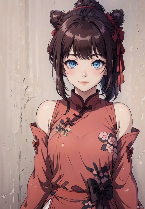 1girl, solo, long hair, breasts, looking at viewer, blush, smile, bangs, blue eyes, brown hair, dress, bow, ribbon, bare shoulders, closed mouth, hair ribbon, heart,
Unilateral ponytail,
A large chest,Wide chest,
Expose black underwear,Exposed underwear,
detached sleeves, hair bun, chinese clothes, single hair bun, pink dress, houtufeng