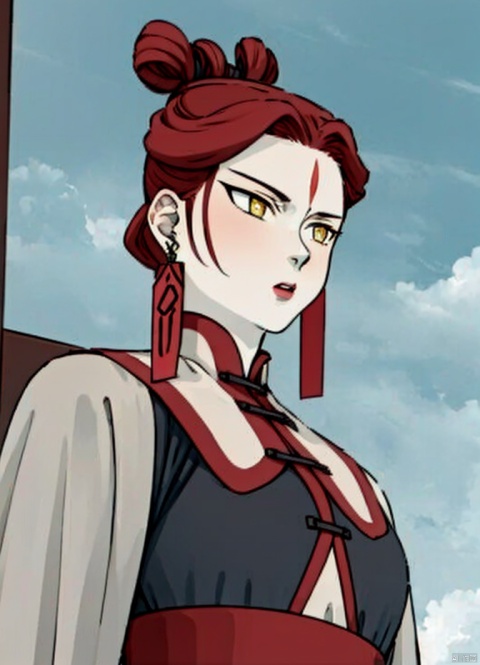 A large chest,Wide chest,1girl, solo, jewelry, yellow eyes, upper body, red hair, earrings, chinese clothes, forehead mark, outdoors, A large chest,Facing the camera and facing the audience head-on