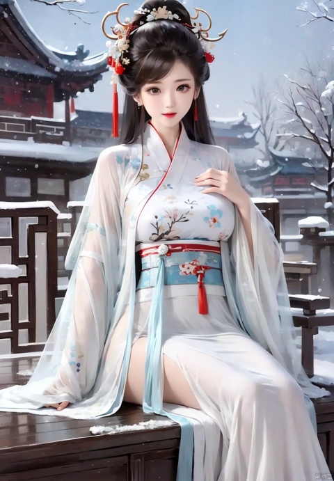 1girl, solo, long hair, breasts, black hair, hair ornament, long sleeves, dress, sitting, white dress, chinese clothes, snow, snowing, hanfu