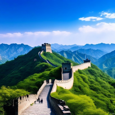 中国,古代,万里长城,巍然耸立,山连着山,碧蓝的天空,