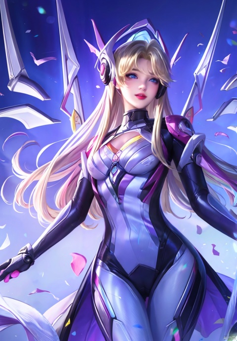 1girl, solo, long hair, breasts, looking at viewer, bangs, blue eyes, blonde hair, medium breasts, cowboy shot, parted lips, wings, official alternate costume, lips, bodysuit, headgear, cleavage cutout, pink lips, nose, mechanical halo, mechanical wings, mercy \(overwatch\)